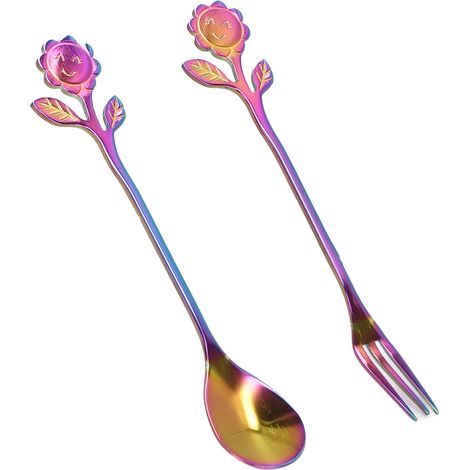 Ensemble Cuillère Fourchette en Une Pièce, Poli Miroir, Style Élégant et Confortable pour Maison ou Cadeau - Coloré (1/5)
