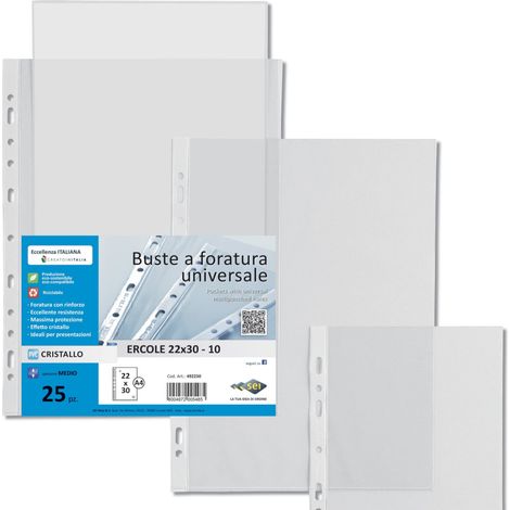Sei Rota Ercole Universellocher Umschläge A4 PVC Glatt Transparent 22x30 cm - Packung mit 25
