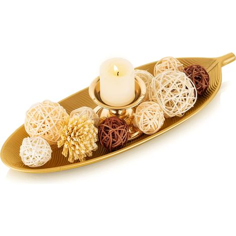 Plateau en Bois Vide Poche: Plateau de Service Decoratif Doré Feuille Forme Vide Poches Entree Table Clef Gamelle pour Bijoux Cristal Bougie (1/5)