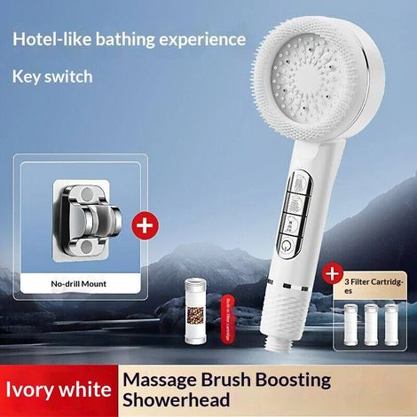 (Ensemble blanc 2 pièces) Pommeau de douche multifonction à 4 modes de pression, réglable, avec large jet et fonction massage, accessoire de salle de bain (1/5)