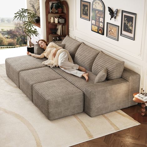 Canapé d'angle 241 cm motif nuage, canapé moderne et minimaliste, confortable, assise profonde avec angle, livré monté, couleur camel (1/5)