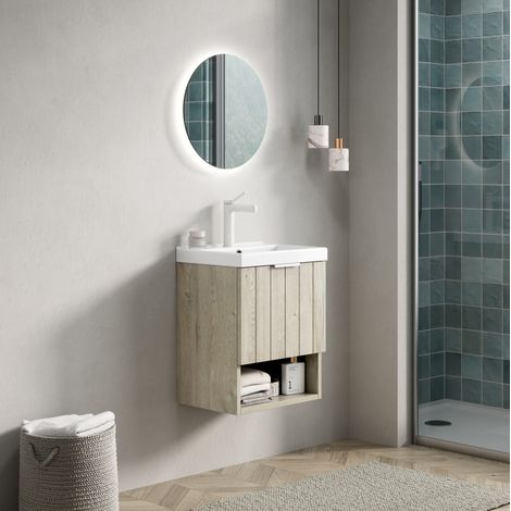 Meuble vasque mural 42x32x48 cm céramique blanche, meuble effet bois, gain de place – MEUBLIV (1/5)