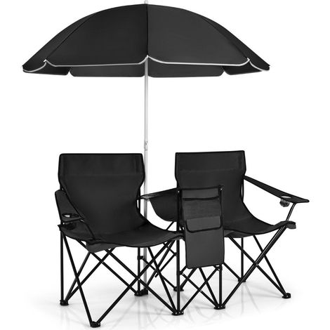 Chaise de camping avec parasol double chaise pliante avec porte gobelet sac isotherme noir