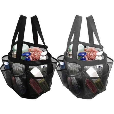 2er-Pack Duschbeutel aus schnell trocknendem Netzmaterial, 8 Taschen, Badezimmer-Organizer mit 2 Hängegriffen für Strand, Camping, Schlafsaal, Badezimmer und Reise – Grau und Schwarz (1/5)