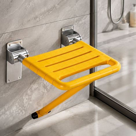 Siège de douche pliant mural, acier inoxydable 304 et nylon antibactérien, support jusqu'à 400kg, antidérapant avec anneau lumineux, jaune (1/4)
