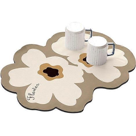 Tapis égouttoir de cuisine 30 x 40 cm, ultra-absorbant, motif deux fleurs/kaki (1/2)