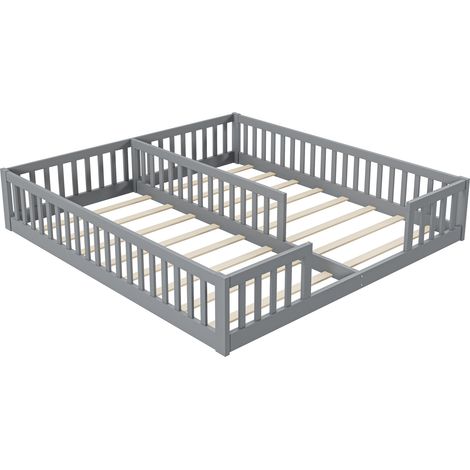 Lit enfant 90x200 au sol avec barrière de sécurité, lit en bois de pin gris pour deux enfants, sommier inclus, 204x187x40 cm (1/5)