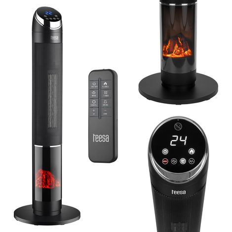 Termoventilatore a colonna Tessa con effetto camino, riscaldatore elettrico con telecomando