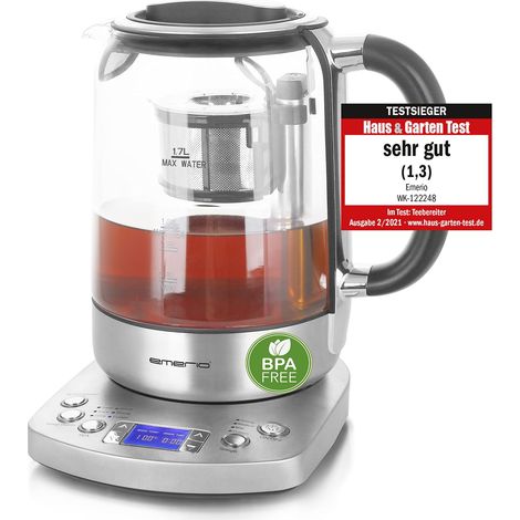 Emerio WK-122248 Vincitore del test del bollitore per tè in vetro con grado 1.3 Filtro da tè completamente automatico Soft Close Vetro borosilicato senza BPA 1,7 l Selezione della temperatura del volu (1/5)