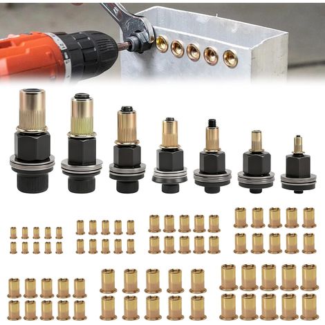 7 Pièces Écrous à Tête de Rivet à Main, Riveteuse Pneumatique Kit de Mandrin avec 70 Insert Fileté, Adaptateur Riveteuse Manuelle pour Rivets M3 M4 M5 M6 M8 M10 M12 (1/5)
