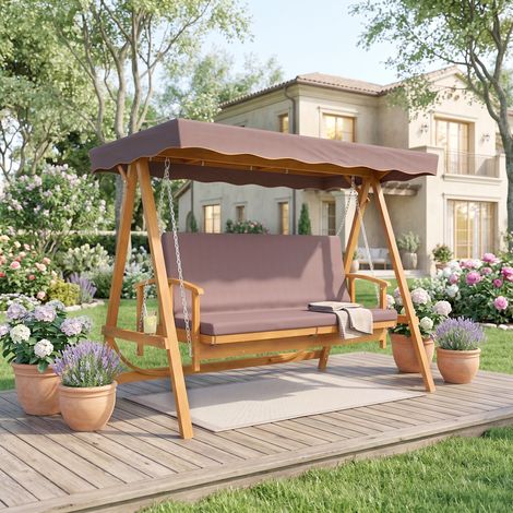 Hollywood-chauffeuse avec toit, Hollywood-chauffeuse en vrai bois, banc à bascule avec fonction de couchage, pour 3 personnes, marron (1/5)