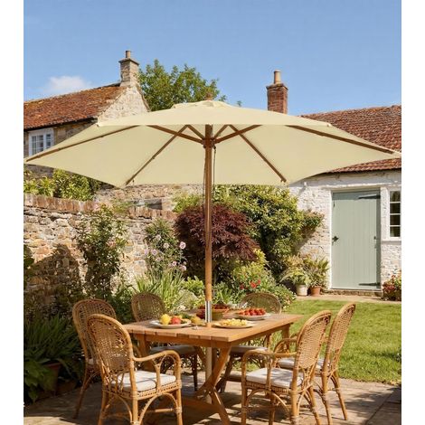 Sombrilla Parasol de Madera Ø250x230cm para Exterior con 6 Varillas Sistema de Polea Color Crema (1/5)