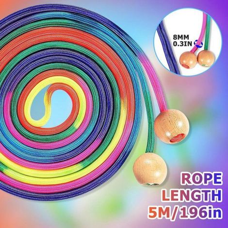 Corde à sauter arc-en-ciel 5m, poignées en bois, nylon doux, pour activités extérieures et jeux de groupe (1/4)
