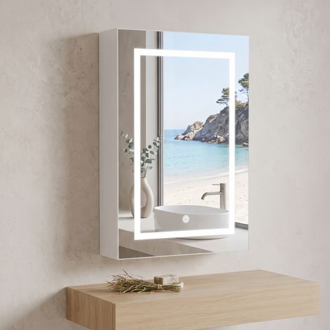 Espejo con Armario LED para Baño - Iluminación de Intensidad y Color Ajustables, 2 Estantes de Vidrio, 50x70 cm - Mueble de baño de pared - Blanco