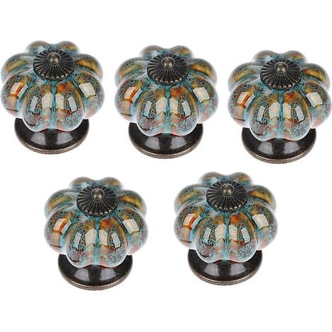 5x Poigne De Tiroir En Cramique Style Europen Boutons Meuble En Forme De Citrouille Vintage Bleu Avec Vis
