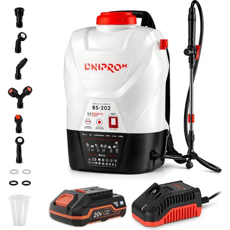 Pulverizador a batería Dnipro-M BS-202, 20 V, depósito 12 L, 5 bar, 6 boquillas, batería 2 Ah y cargador (1/5)