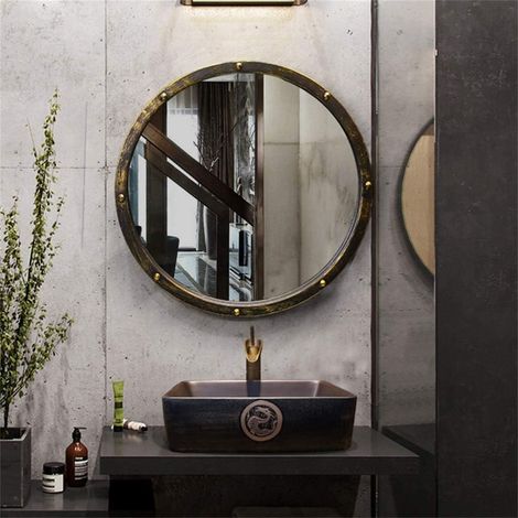 Miroir de Mur Suspendu Rond rétro Embellissement de la Maison Home Rivet Décoration Miroir en métal Miroir de Rasage monté sur métal, Style Industriel Vintage adapté aux cafés-Bars (1/5)