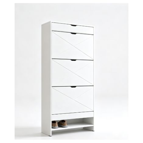 Scarpiera bianca in MDF con 3 cassetti a ribalta e cassetto superiore estraibile, 2 livelli (1/5)