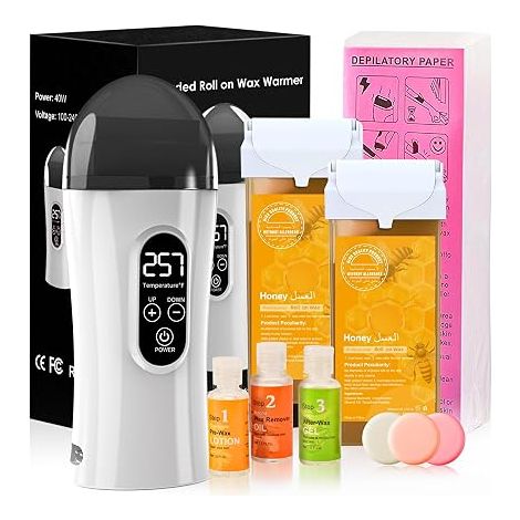 Roll On Cire Epilation, Kit Chauffe Cire Épilation avec Miel Cartouches de Cire, Bandes Epilation, Kit de Traitement Pré- et post-épilation,Kit d'épilation pour Grandes Surfaces (1/5)