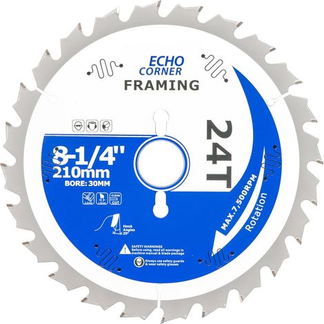 210 mm x 30 mm x 24 Z, Lame de scie circulaire à bois - 210 mm - Trou de 30 mm - Anneau de 25,4 mm - Cadre à déchirure rapide (1/4)