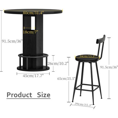 Ensemble table bar et tabourets 3 pièces, table ronde 31,5 pouces avec deux tabourets, table en bois avec repose-pieds annulaire en métal, noir (1/5)