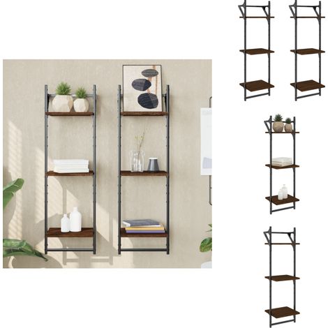 Wandregale mit 3 Ablagen & Stangen 2 Stk. Braun Eichen-Optik - Wandregal - Holzregal - Eiche Optik - Wohnraumdeko - Regalset (1/5)