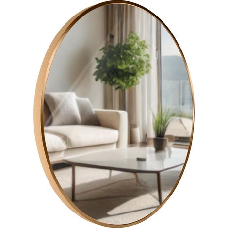 Miroir mural rond 60 cm cadre minimaliste doré 3 cm design moderne fixation murale incluse 100008575