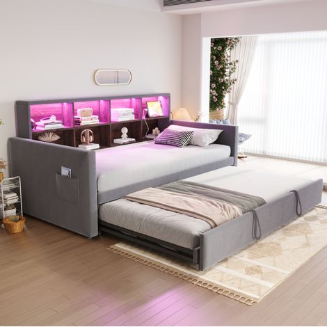 Lit rembourré 90x190 cm en velours gris foncé avec tête de lit de rangement, LED et prises (1/5)