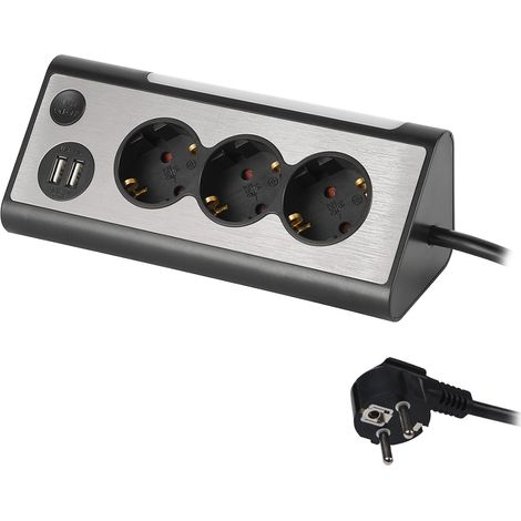 maxtrack Regleta de Mesa NV70-3L con 3 enchufes angulares, 2 Puertos de Carga USB e iluminación LED, Enchufe múltiple para casa con botón para encender y Apagar la iluminación LED, Cable de 3 m (1/5)