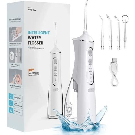 Hydropulseur dentaire portable sans fil 300 ml, rechargeable, étanche IPX7, pour le nettoyage des dents (blanc) (1/5)