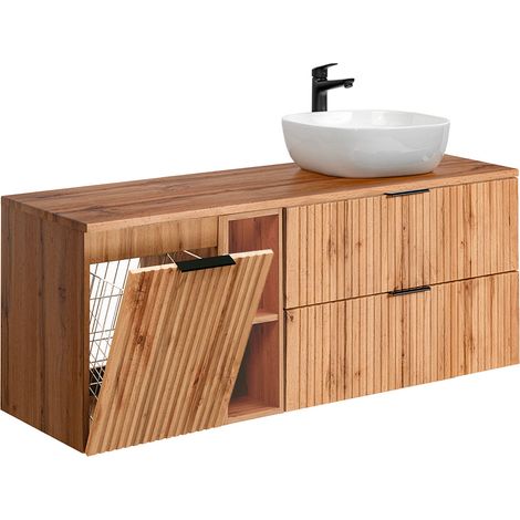 Mueble lavabo individual 140cm 2 compartimientos cesto de ropa Adriel Madera (1/4)