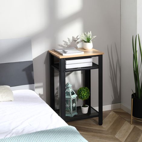 Mesa Auxiliar Mesita de Noche Estilo Industrial con 2 Estantes de Rejilla de Metal y Pies Ajustables para Salón Dormitorio 45x35x75 cm Roble y Negro (1/5)