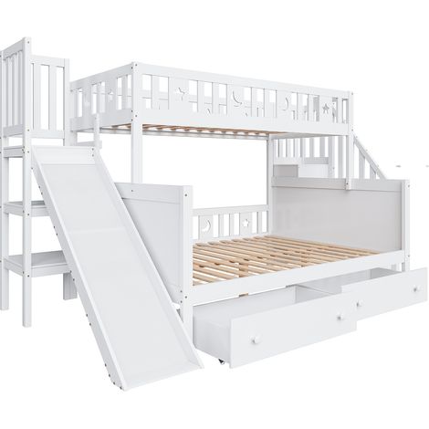 Lettino a castello per bambini 90x200/140x200 cm con scivolo e cassetti, bianco (1/5)