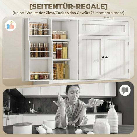 Meuble buffet de cuisine moderne avec tiroir, étagères réglables, petit garde-manger avec compartiments de porte, blanc (1/5)