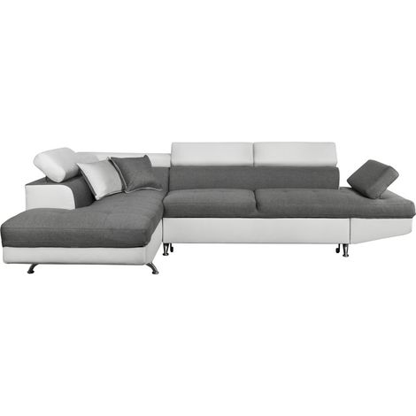 Canapé d'angle RIO Convertible avec coffre en tissu et simili - Angle Gauche, Blanc et gris (1/5)