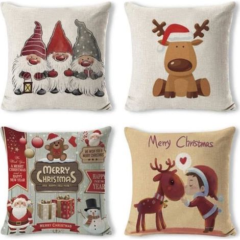 4 decorative Santa Claus linen-cotton pillowcases for sofa, 45x45 cm