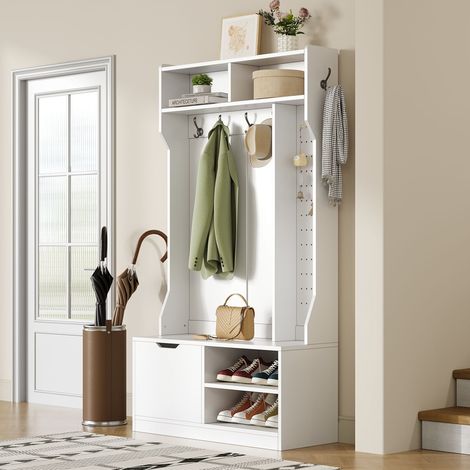 Appendiabiti con scarpiera e panca 100x40x185,5 cm, bianco multifunzione, 4 vani portaoggetti aperti, per ingresso