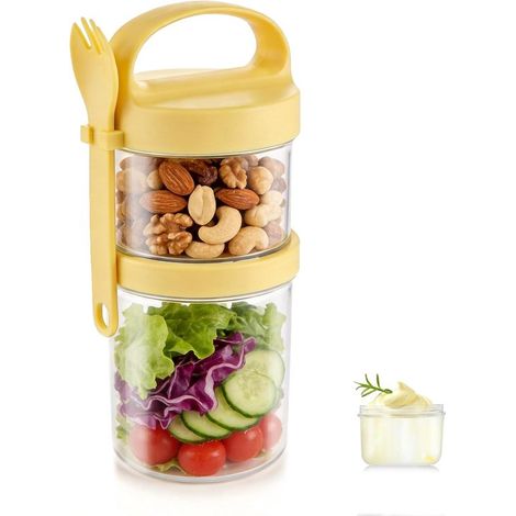 Pot à yaourt et muesli à emporter avec cuillère, 560 ml + 360 ml, récipient portable pour petit-déjeuner, salade et overnight oats, jaune (1/5)