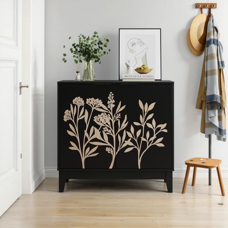 Sideboard 80 cm mit 2 Türen und verstellbaren Einlegeböden aus schwarzem MDF HAVRYA (1/5)