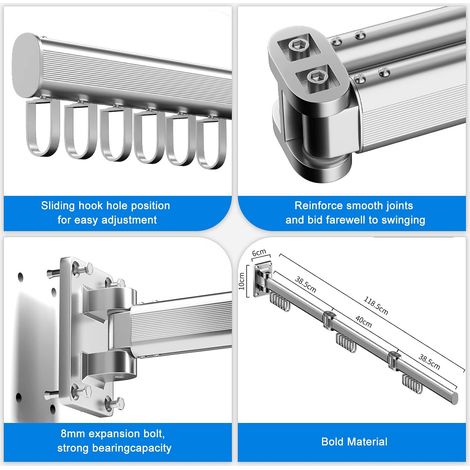 Wandmontierter Wäscheständer, faltbarer Wäscheständer für den Innen- und Außenbereich, Aluminium – Silber (1/5)