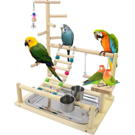 1 Aire de jeux pour perroquets, Bois massif, Avec gamelle et plateau, Pour perruches et oiseaux (1/5)