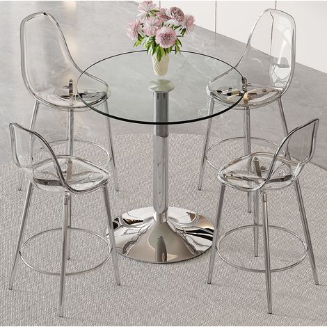 Ensemble bar 5 pièces avec table ronde en verre 89 cm et 4 tabourets transparents (1/5)