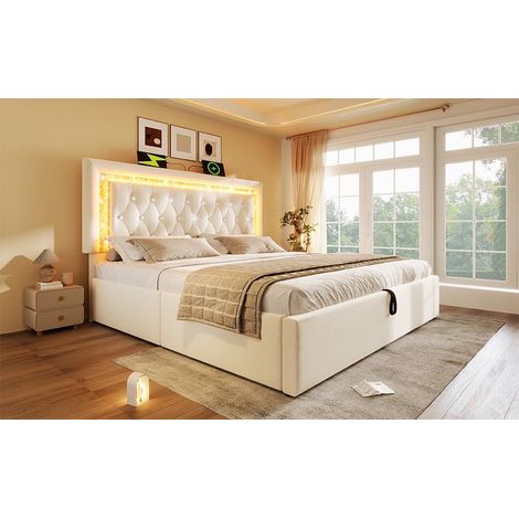 Lit coffre 180x200 cm beige en velours, tête de lit réglable avec LED, USB et USB-C, rangement hydraulique, sommier à lattes inclus, sans matelas (1/5)