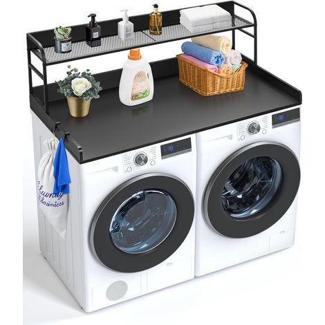 Comptoir pour lave-linge et sèche-linge avec étagère à 2 niveaux, surface de comptoir en bois, 1370 x 700 mm, avec coussinets antidérapants, pour organisation et rangement de la buanderie, noir (1/5)
