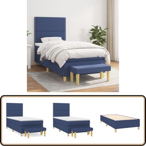 Sommier à lattes de lit avec matelas Bleu 90x190 cm Tissu - Lit Plateforme - Lit Double - Literie - Matelas Ressort Ensache - Têted Lit Ajustable