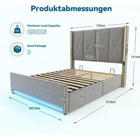 Stauraumbett 160x200 cm dunkelgrauer Samt mit USB, LED, Bettkasten, ohne Matratze – MEUBLIV (1/5)