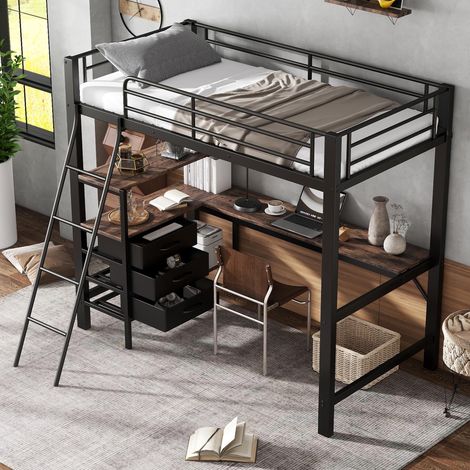 , Lit superposé en fer, idéal pour enfants et adolescents, avec trois tiroirs, une table de 2 m de long et une échelle inclinée à quatre marches. Structure en fer et panneaux de particules... (1/5)