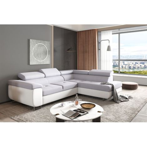 Ecksofa Sofa JADE Stoff Soft / Paros Weiss-Hellgrau mit Schlaffunktion Ottomane Rechts (1/2)