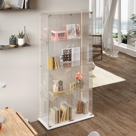 Vetrina in vetro - 2 ante - 4 ripiani - Luce LED - fondo in lamiera - 78,5x35x163 cm - bianco (1/5)