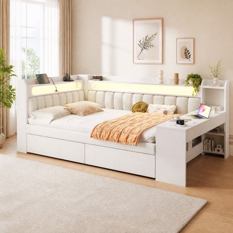 Cama banqueta 140x200 cm de MDF y contrachapado blanco con almacenaje, FloraGrace (1/5)